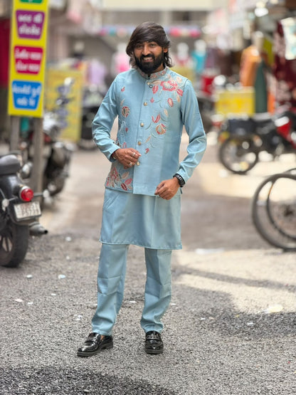 SHAGUN FASHION Men’s Floral Embroidered Kurta Jacket Set — Premium Festive Wear