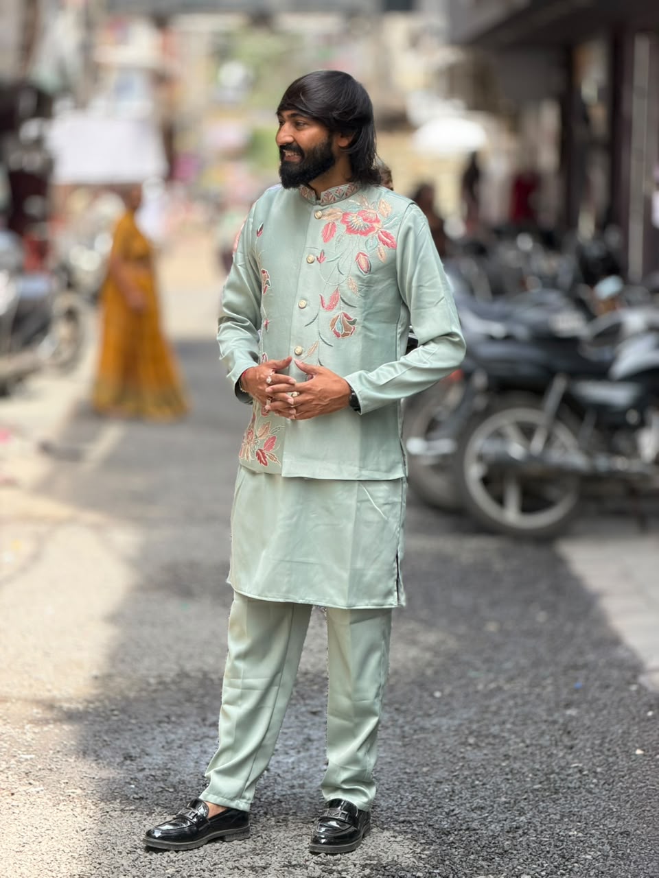 SHAGUN FASHION Men’s Floral Embroidered Kurta Jacket Set — Premium Festive Wear
