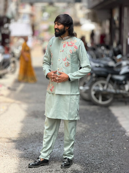 SHAGUN FASHION Men’s Floral Embroidered Kurta Jacket Set — Premium Festive Wear