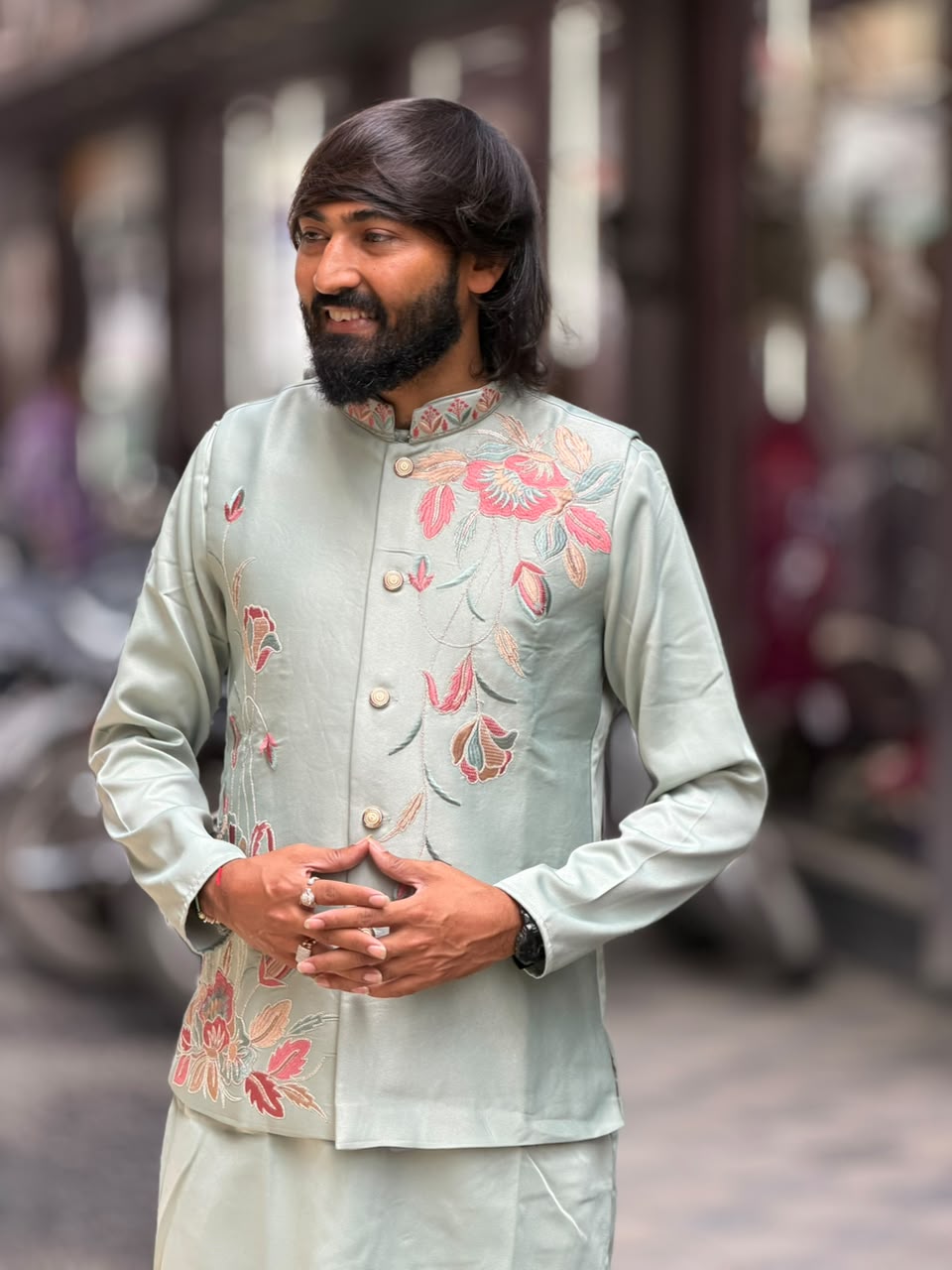SHAGUN FASHION Men’s Floral Embroidered Kurta Jacket Set — Premium Festive Wear