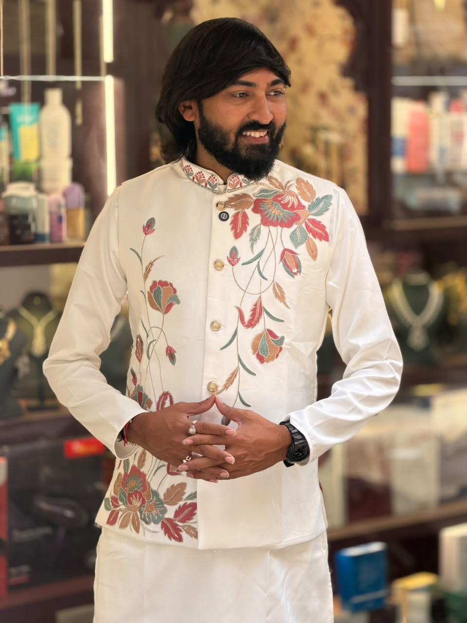 SHAGUN FASHION Men’s Floral Embroidered Kurta Jacket Set — Premium Festive Wear