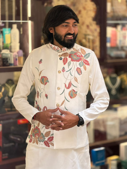 SHAGUN FASHION Men’s Floral Embroidered Kurta Jacket Set — Premium Festive Wear
