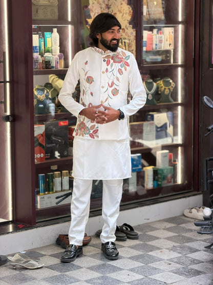 SHAGUN FASHION Men’s Floral Embroidered Kurta Jacket Set — Premium Festive Wear
