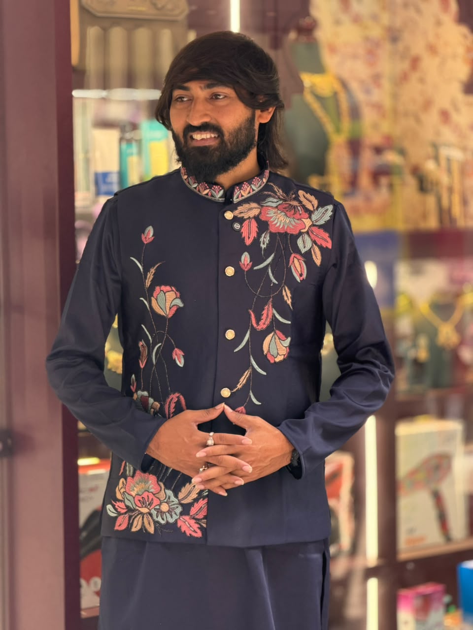SHAGUN FASHION Men’s Floral Embroidered Kurta Jacket Set — Premium Festive Wear