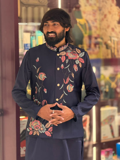 SHAGUN FASHION Men’s Floral Embroidered Kurta Jacket Set — Premium Festive Wear