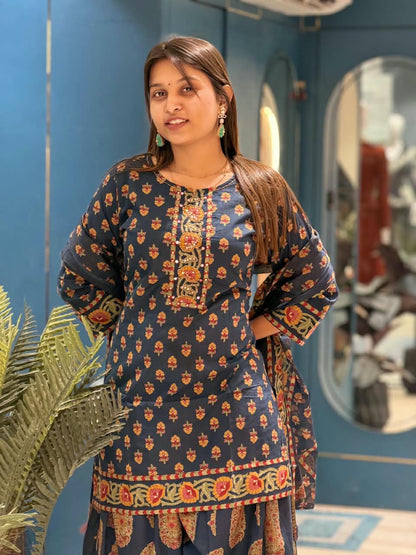 SHAGUN FASHION Premium Printed Short Kurti with Flared Sharara / Palazzo & Printed Dupatta Set - Available on zankhi.in