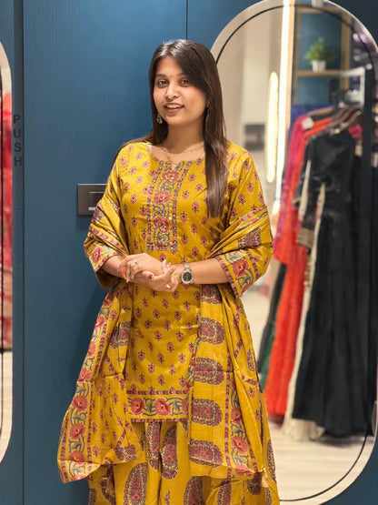 SHAGUN FASHION Premium Printed Short Kurti with Flared Sharara / Palazzo & Printed Dupatta Set - Available on zankhi.in