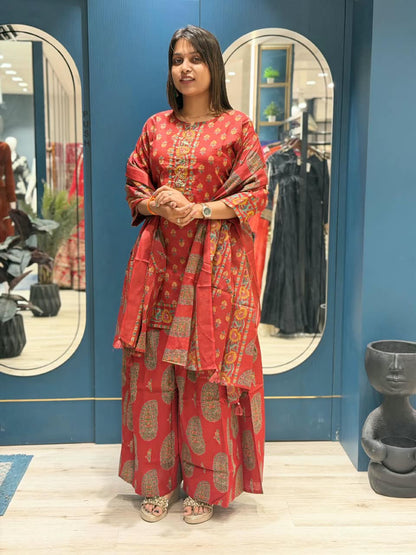 SHAGUN FASHION Premium Printed Short Kurti with Flared Sharara / Palazzo & Printed Dupatta Set - Available on zankhi.in