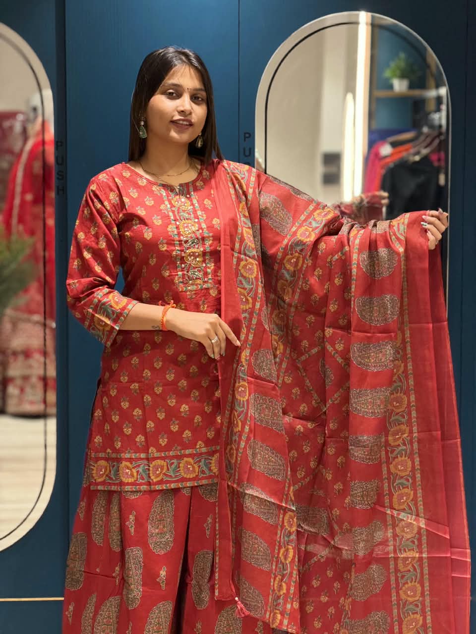 SHAGUN FASHION Premium Printed Short Kurti with Flared Sharara / Palazzo & Printed Dupatta Set - Available on zankhi.in