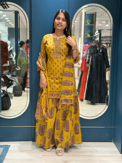 SHAGUN FASHION Premium Printed Short Kurti with Flared Sharara / Palazzo & Printed Dupatta Set - Available on zankhi.in
