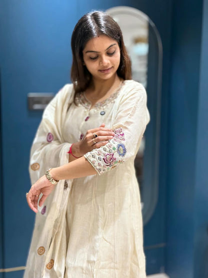 SHAGUN FASHION Off-White Premium Chanderi Silk Suit Set with Heavy Floral Back & Sleeve Embroidery | Multi-Color Floral Print Dupatta (Exclusively on zankhi.in)