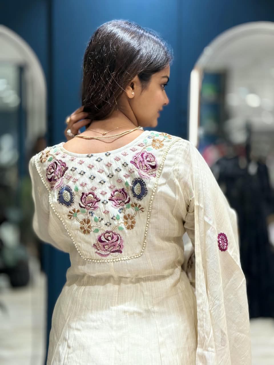 SHAGUN FASHION Off-White Premium Chanderi Silk Suit Set with Heavy Floral Back & Sleeve Embroidery | Multi-Color Floral Print Dupatta (Exclusively on zankhi.in)