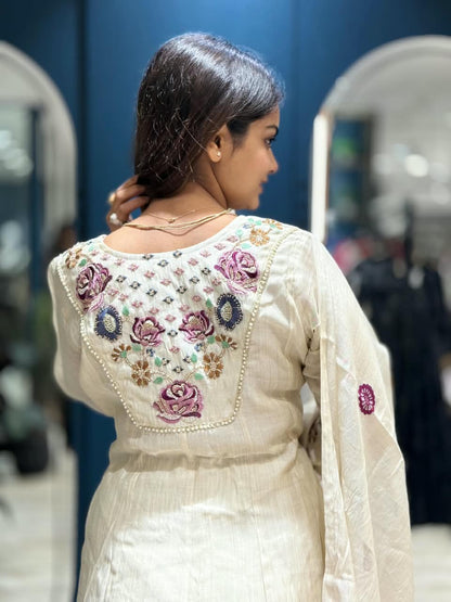 SHAGUN FASHION Off-White Premium Chanderi Silk Suit Set with Heavy Floral Back & Sleeve Embroidery | Multi-Color Floral Print Dupatta (Exclusively on zankhi.in)