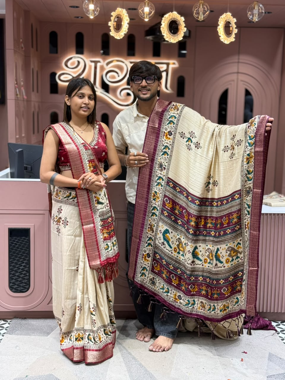 SHAGUN FASHION Premium Cream Tussar Silk Patola Print Saree with Designer zari Border & Matching Blouse Piece