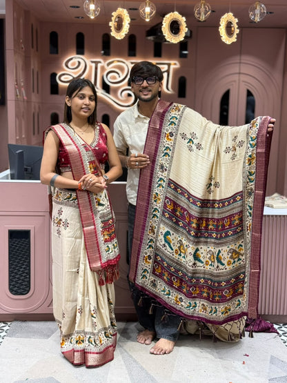 SHAGUN FASHION Premium Cream Tussar Silk Patola Print Saree with Designer zari Border & Matching Blouse Piece