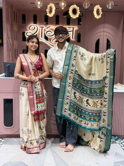 SHAGUN FASHION Premium Cream Tussar Silk Patola Print Saree with Designer zari Border & Matching Blouse Piece