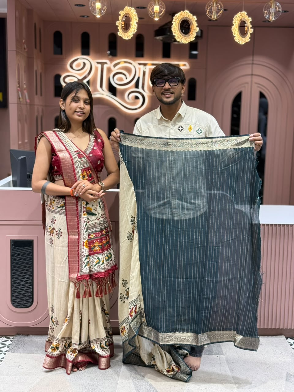 SHAGUN FASHION Premium Cream Tussar Silk Patola Print Saree with Designer zari Border & Matching Blouse Piece