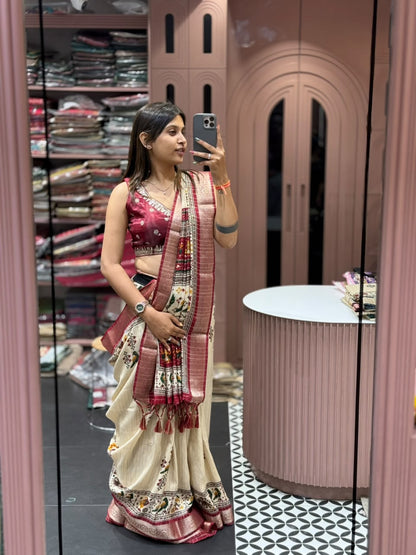 SHAGUN FASHION Premium Cream Tussar Silk Patola Print Saree with Designer zari Border & Matching Blouse Piece