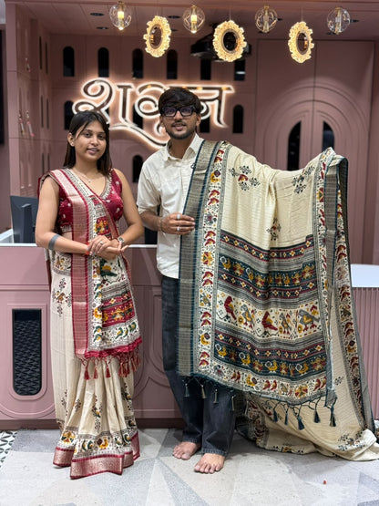 SHAGUN FASHION Premium Cream Tussar Silk Patola Print Saree with Designer zari Border & Matching Blouse Piece