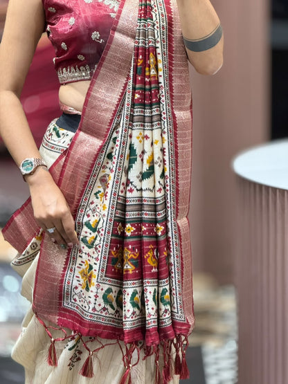 SHAGUN FASHION Premium Cream Tussar Silk Patola Print Saree with Designer zari Border & Matching Blouse Piece