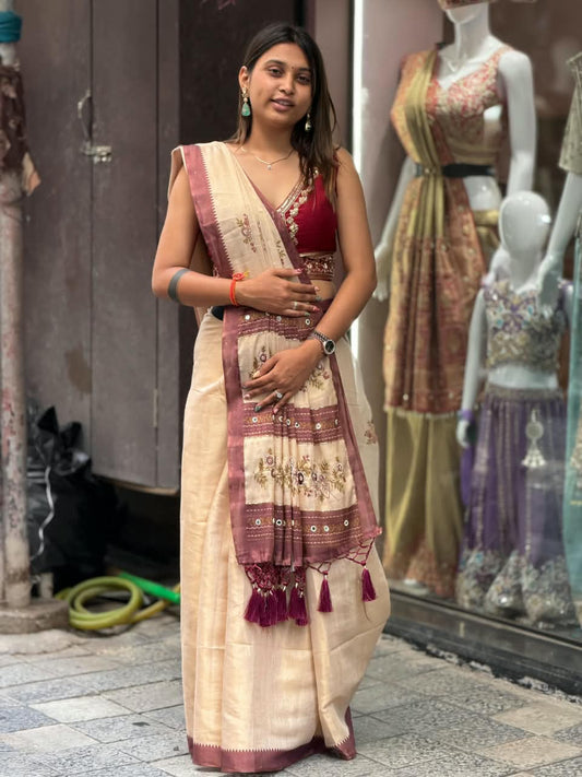 SHAGUN FASHION Designer Hand Embroidery Linen Cotton Saree with Mirror Work & Fancy Tassels