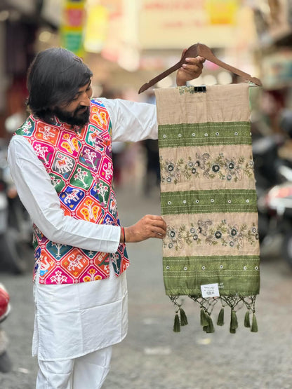 SHAGUN FASHION Designer Hand Embroidery Linen Cotton Saree with Mirror Work & Fancy Tassels