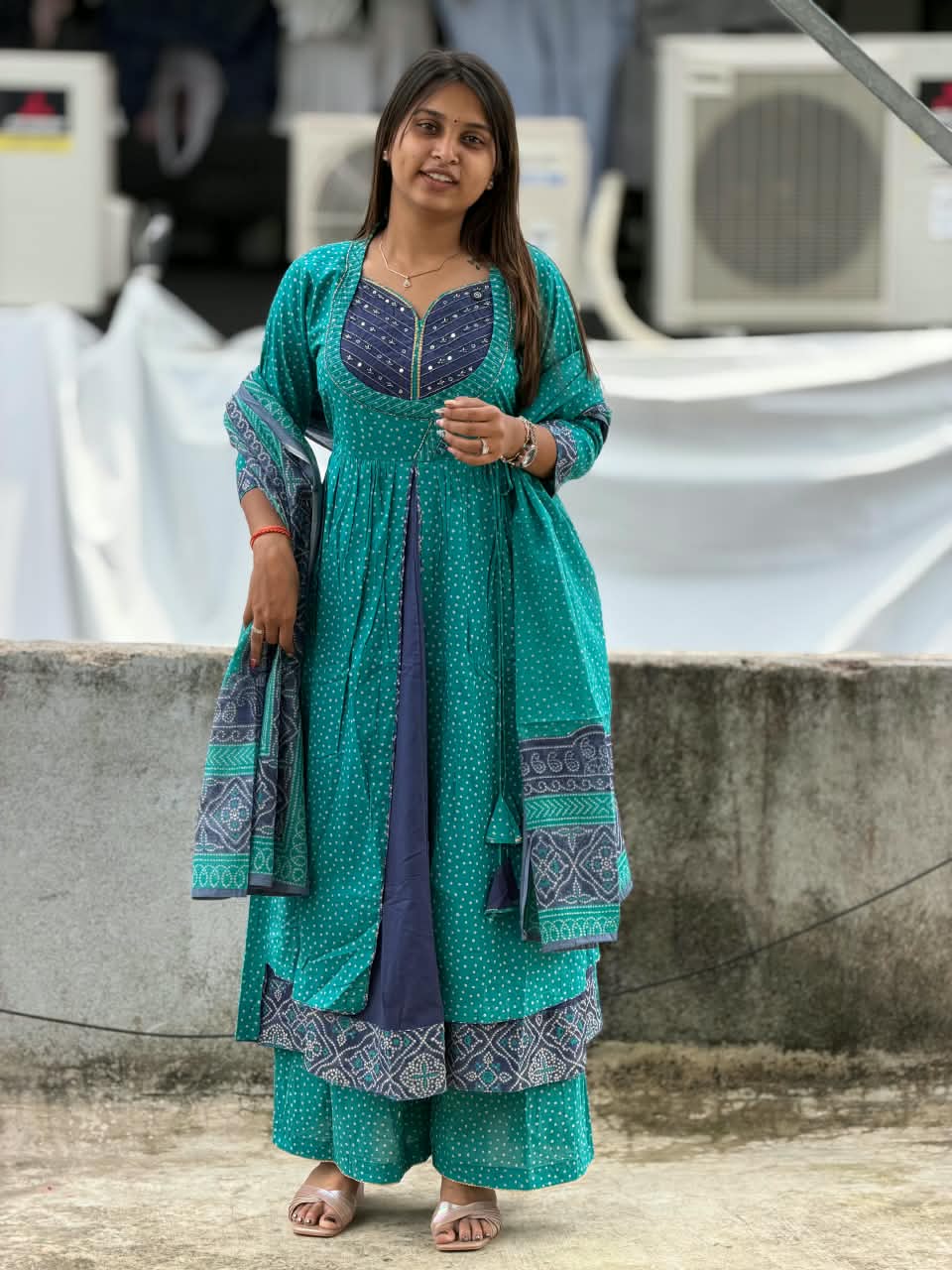 SHAGUN FASHION Premium Bandhani Print Layered Anarkali Kurti with Palazzo & Dupatta Set