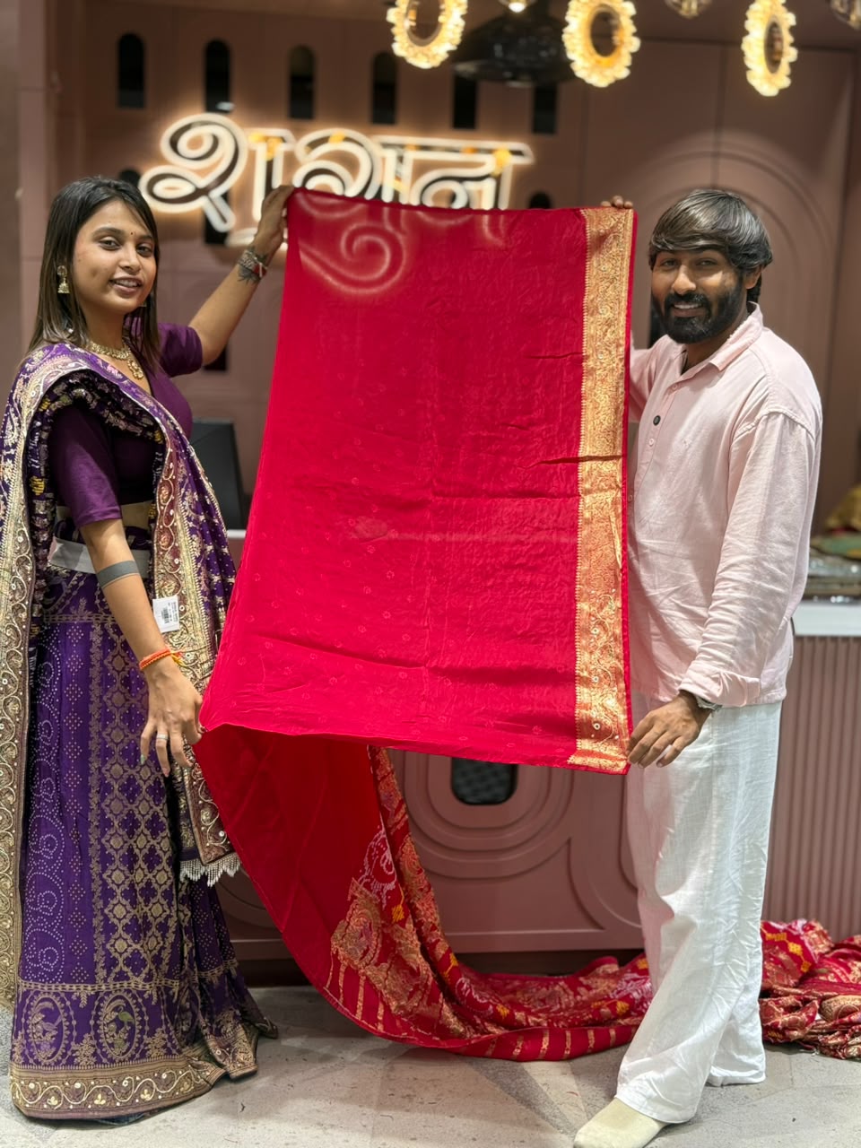SHAGUN FASHION Pure Silk Bandhani & Banarasi Zari Work Heavy Designer Saree with Pearl Lace Border