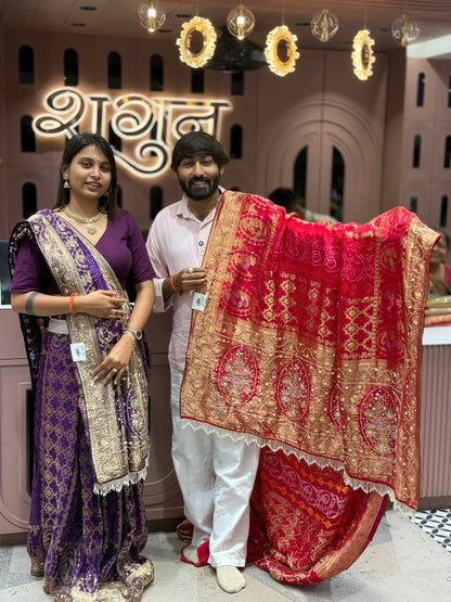 SHAGUN FASHION Pure Silk Bandhani & Banarasi Zari Work Heavy Designer Saree with Pearl Lace Border