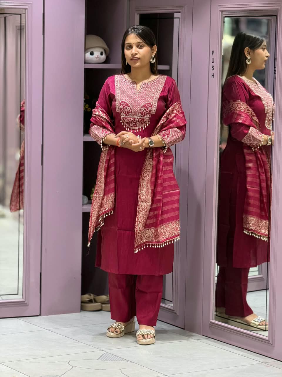 SHAGUN FASHION Premium Elegant Silk Straight Suit Set with Heavy Neck Embroidery, Pearl Latkan & Zari Woven Dupatta