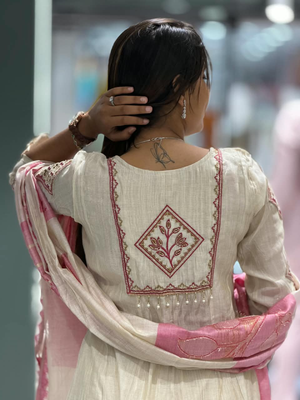 SHAGUN FASHION Premium Off-White Silk Blend Embroidered Kurti Palazzo Set with Pink Dupatta – Available Exclusively on zankhi.in