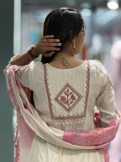 SHAGUN FASHION Premium Off-White Silk Blend Embroidered Kurti Palazzo Set with Pink Dupatta – Available Exclusively on zankhi.in