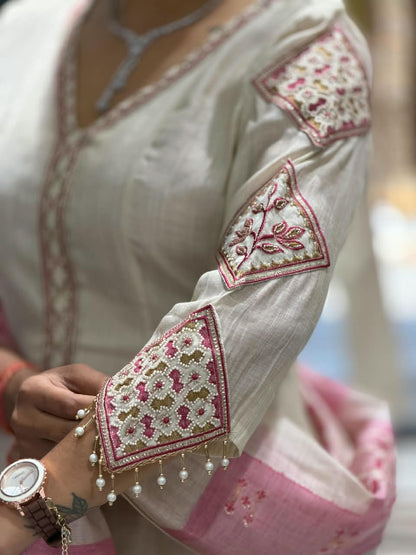 SHAGUN FASHION Premium Off-White Silk Blend Embroidered Kurti Palazzo Set with Pink Dupatta – Available Exclusively on zankhi.in