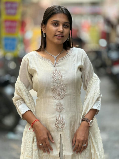 SHAGUN FASHION – Premium Designer Handwork Off-White Kurti, Palazzo & Dupatta Set