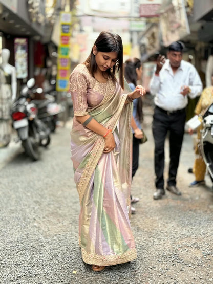 SHAGUN FASHION Designer Organza Tissue Saree with Heavy Handwork Blouse | Multi-Color Pastel Festival & Wedding Saree Collection