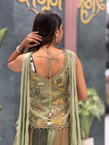 SHAGUN FASHION Premium Designer Olive Green Embroidered Top & Sharara Set – Exclusively on zankhi.in