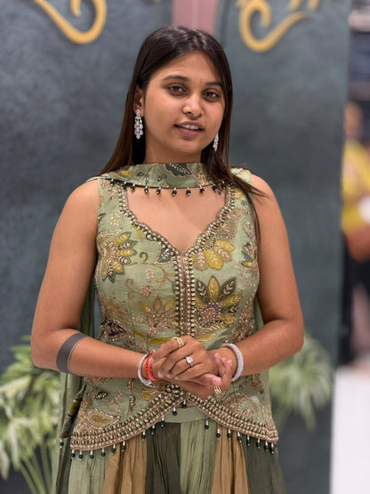 SHAGUN FASHION Premium Designer Olive Green Embroidered Top & Sharara Set – Exclusively on zankhi.in