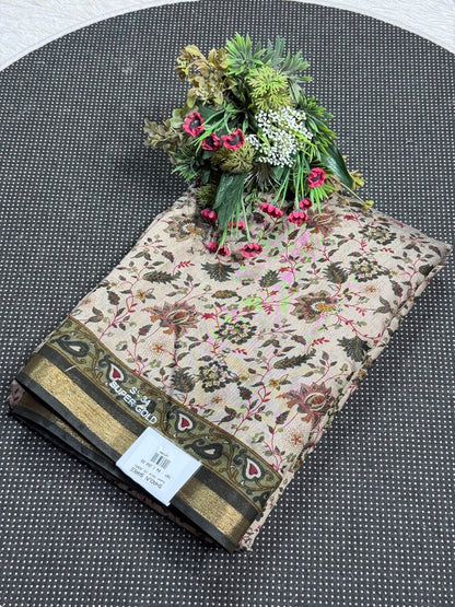 SHAGUN FASHION - Super Gold Floral Print Saree with Zari Border