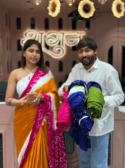 SHAGUN FASHION Exclusive Multi-Color Bandhani & Leheriya Silk Saree with Zari Border