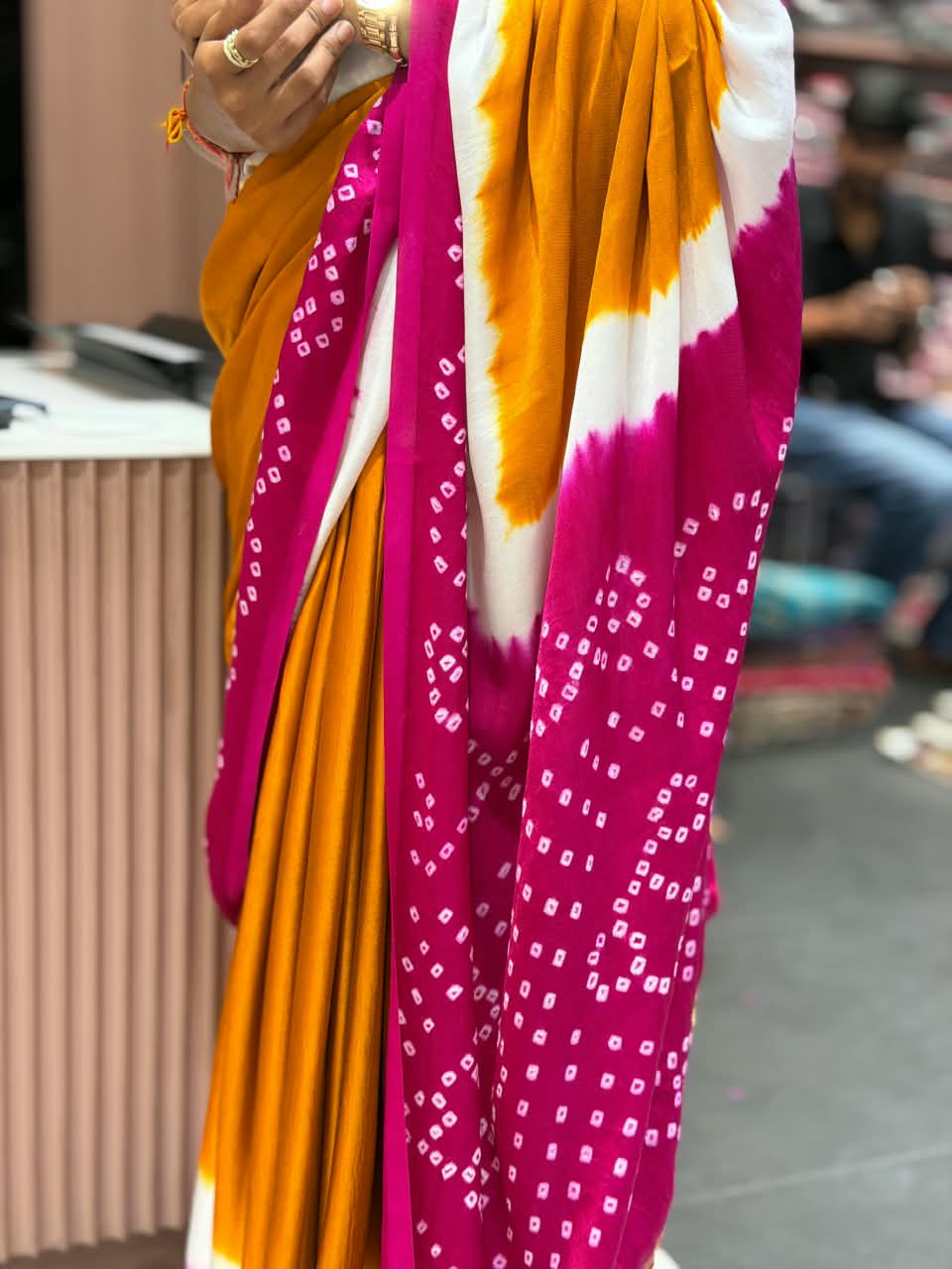 SHAGUN FASHION Exclusive Multi-Color Bandhani & Leheriya Silk Saree with Zari Border