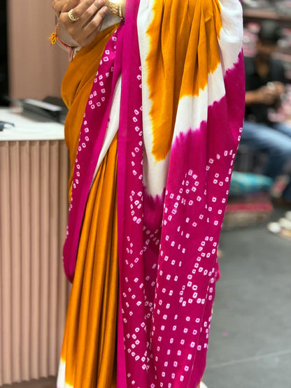 SHAGUN FASHION Exclusive Multi-Color Bandhani & Leheriya Silk Saree with Zari Border