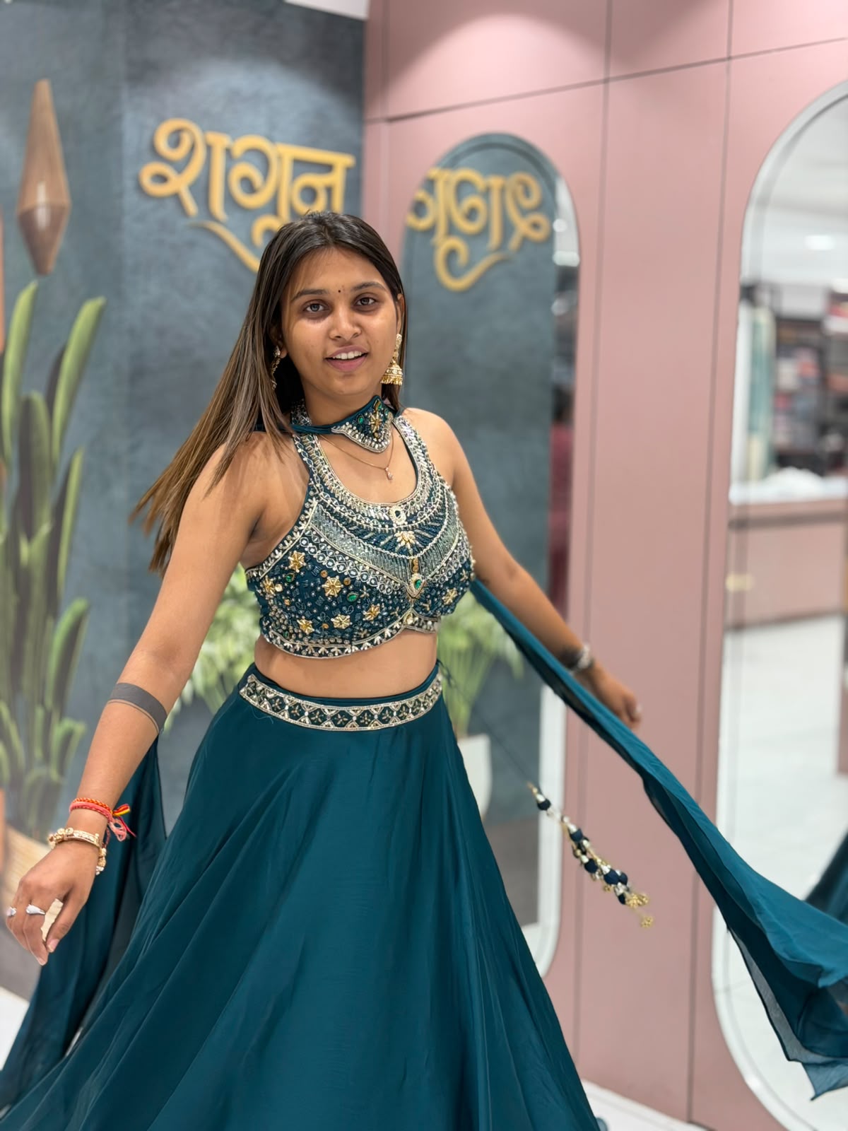 Designer Peacock Blue Embroidered Crop Top & Georgette Lehenga Choli Set - SHAGUN FASHION