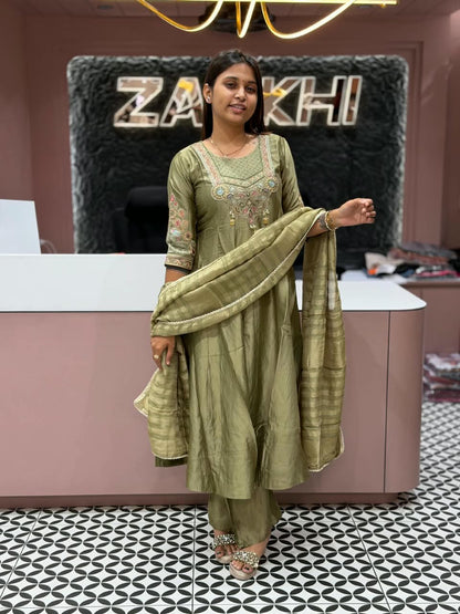 SHAGUN FASHION Premium Silk Embroidery Anarkali Kurti Set with Matching Dupatta & Pant