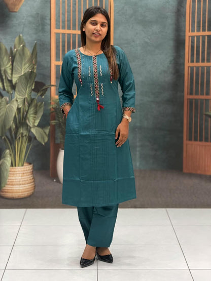 SHAGUN FASHION Premium Designer Cotton Kurti & Bottom Set with Traditional Mirror Handwork & Embroidered Yoke