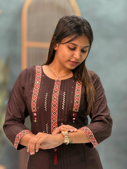 SHAGUN FASHION Premium Designer Cotton Kurti & Bottom Set with Traditional Mirror Handwork & Embroidered Yoke