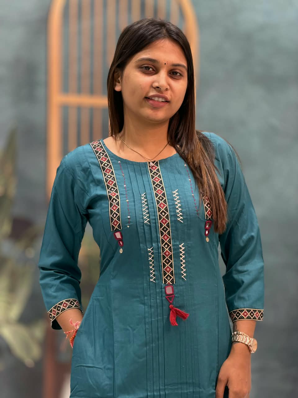 SHAGUN FASHION Premium Designer Cotton Kurti & Bottom Set with Traditional Mirror Handwork & Embroidered Yoke