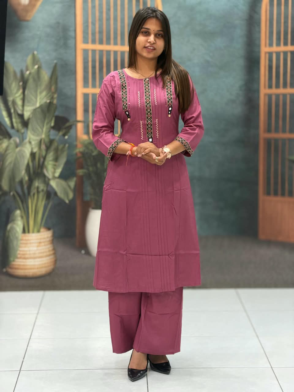 SHAGUN FASHION Premium Designer Cotton Kurti & Bottom Set with Traditional Mirror Handwork & Embroidered Yoke