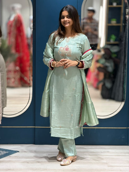 SHAGUN FASHION – Designer Elephant Motif Silk Suit Set with Banarasi Dupatta