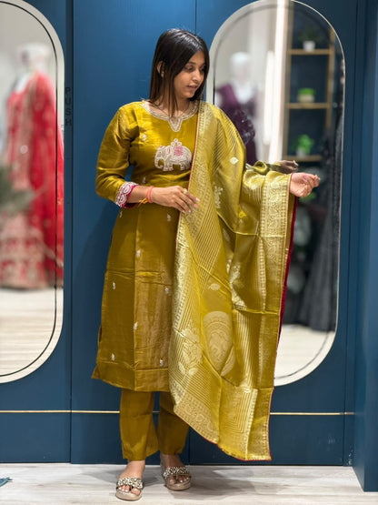 SHAGUN FASHION – Designer Elephant Motif Silk Suit Set with Banarasi Dupatta