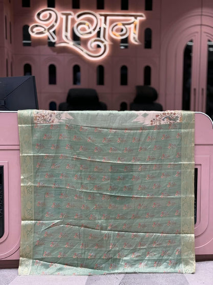 SHAGUN FASHION Pure Look Linen Tissue Saree with Traditional Peacock & Deer Floral Pallu | Elegant Soft Linen Saree with Zari Border & Hanging Tassels